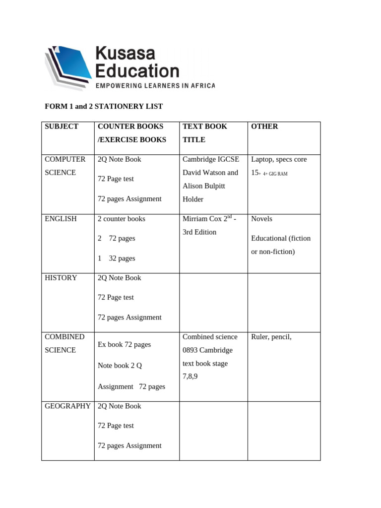 Form One and Two Requirements | PDF | Books | Notebook