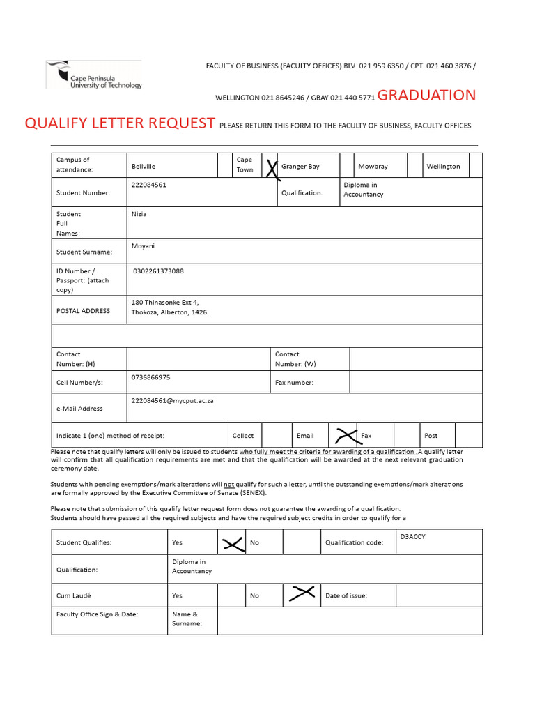 Graduation Qualification Letter Request | PDF