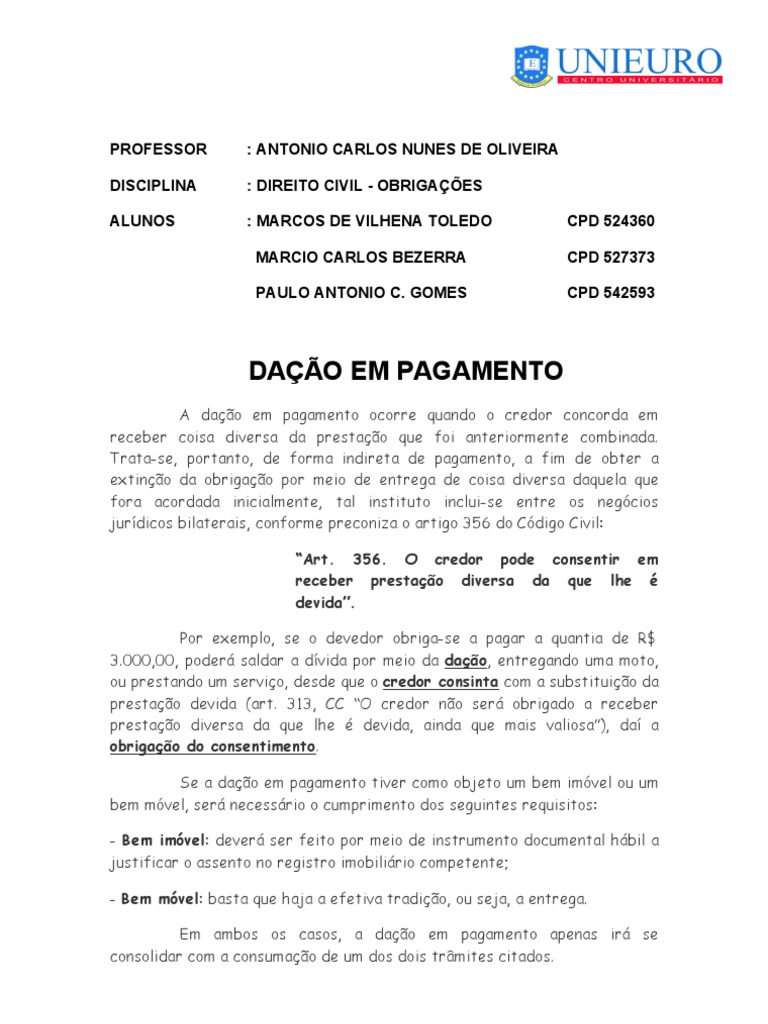 DAÇÃO EM PAGAMENTO 1 | Lei das Obrigações | Direito Civil (Sistema ...
