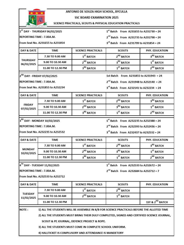 SSC Science Practical Schedule 2025 | PDF