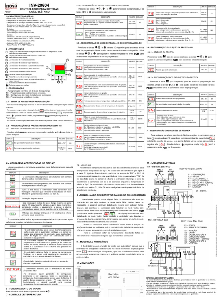 Manual do Controlador Inova INV-20604 | PDF | Temperatura | Transformador