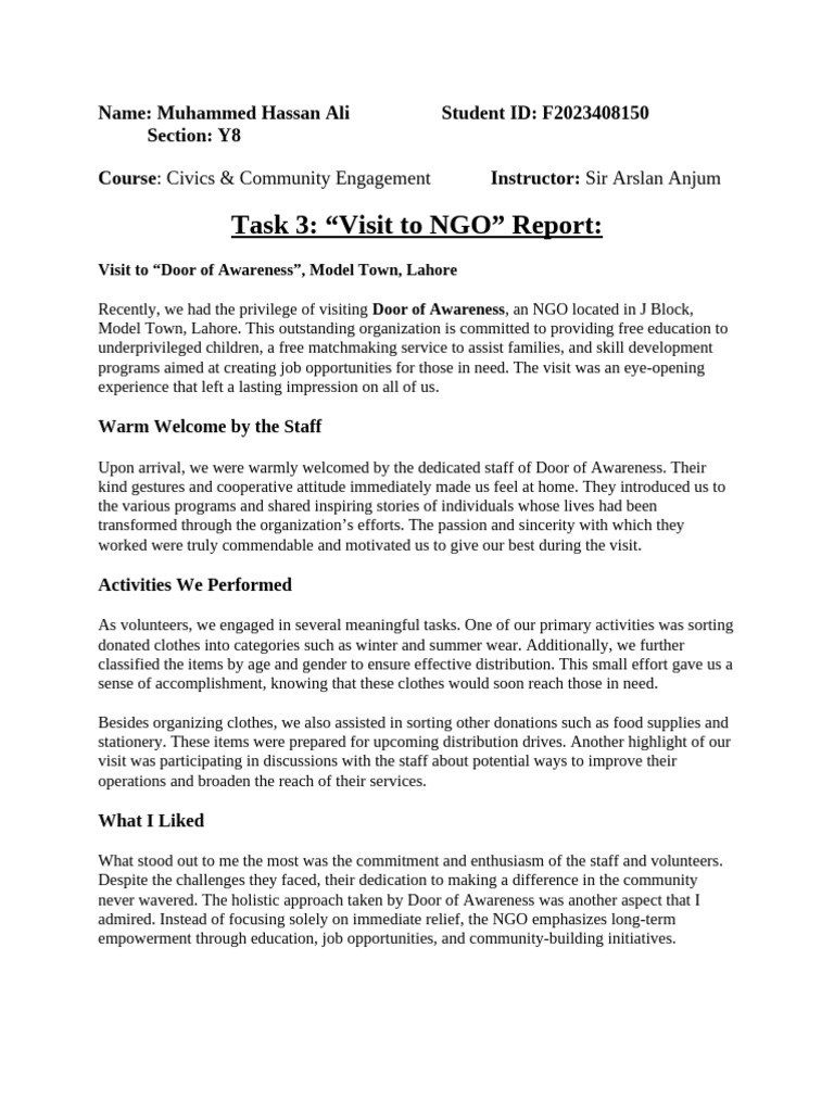 Visit to Ngo Report | PDF | Behavioural Sciences | Cognition