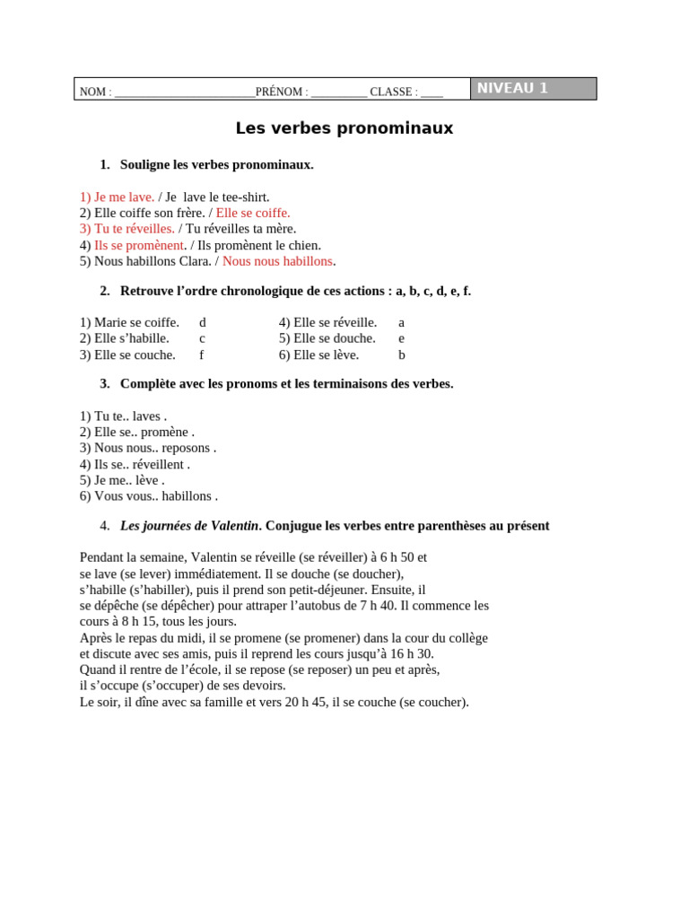 Exercices sur les verbes pronominaux | PDF