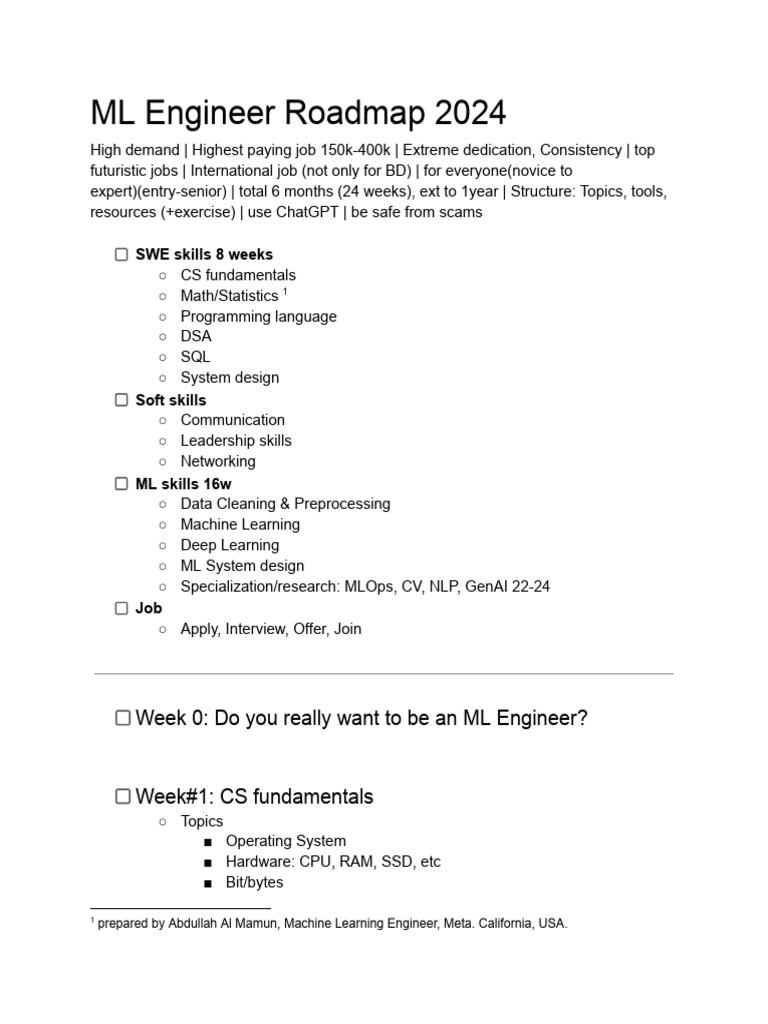 ML Engineer Roadmap 2024 Abdullah Al Mamun | PDF | Machine Learning ...