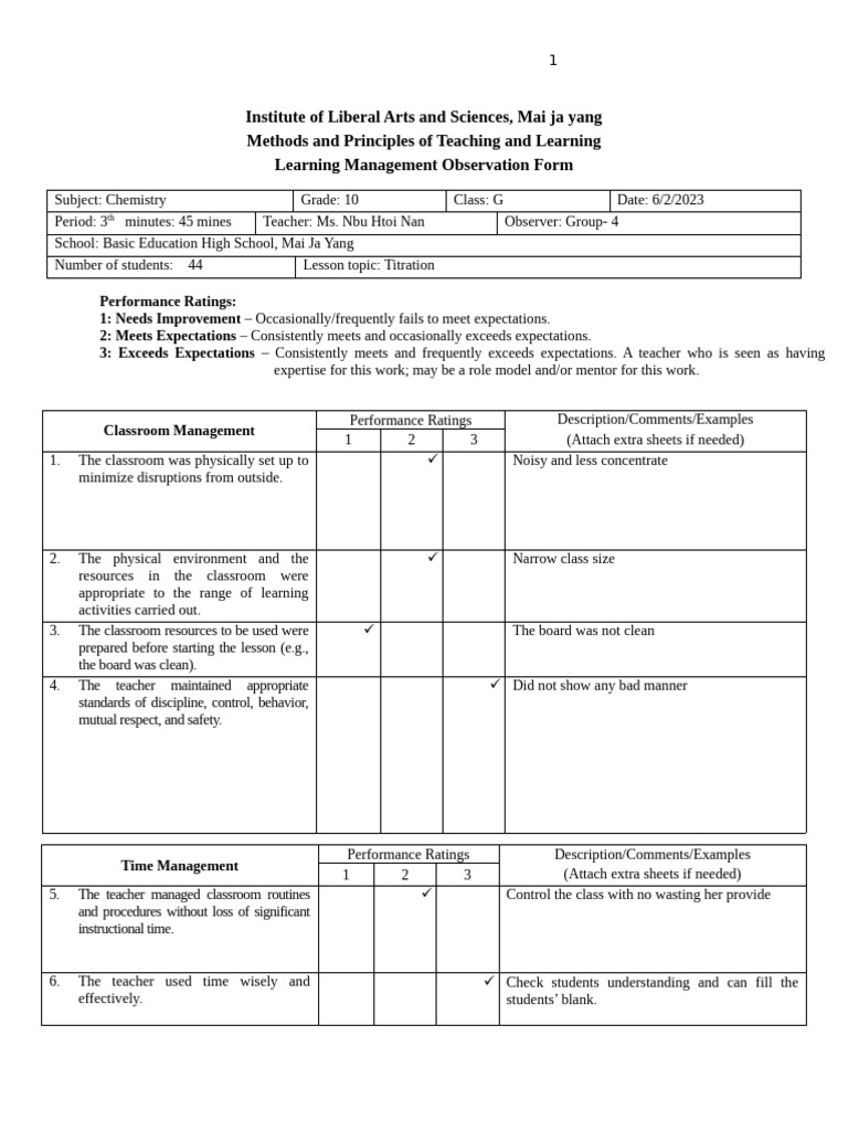 Classroom Management Observation Form Pdf Teachers Classroom