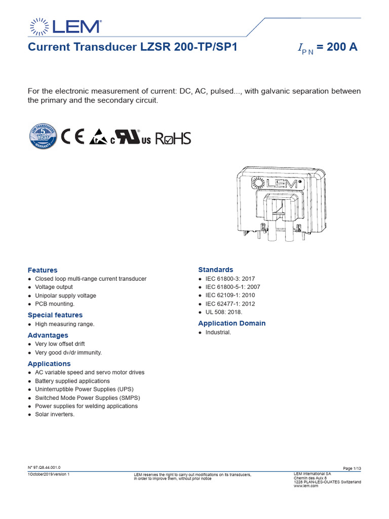 LZSR 200-TP/SP1 Current Transducer Guide | PDF | Power Supply ...