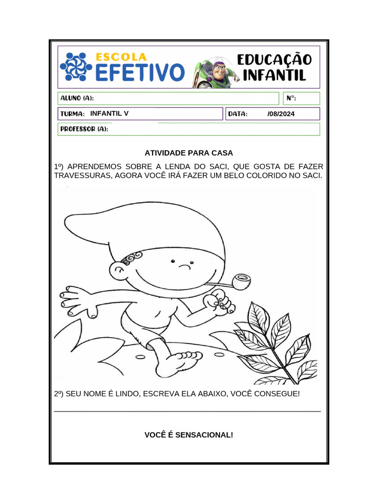 Atividade Infantil: Colorindo o Saci | PDF