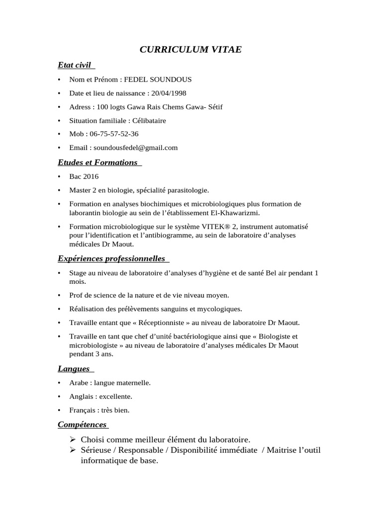 CV Microbiologiste - Fedel Soundous | PDF
