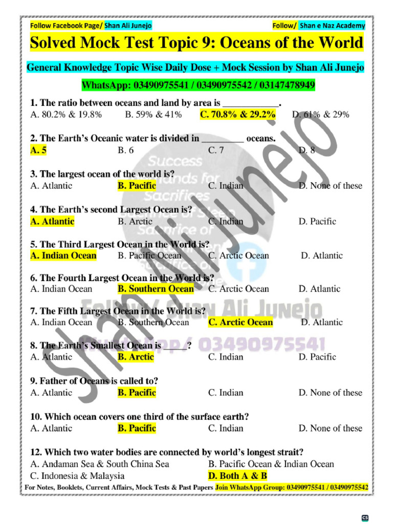 9th Solved Mock Test Topic, Oceans of The World by Shan Ali Junejo ...