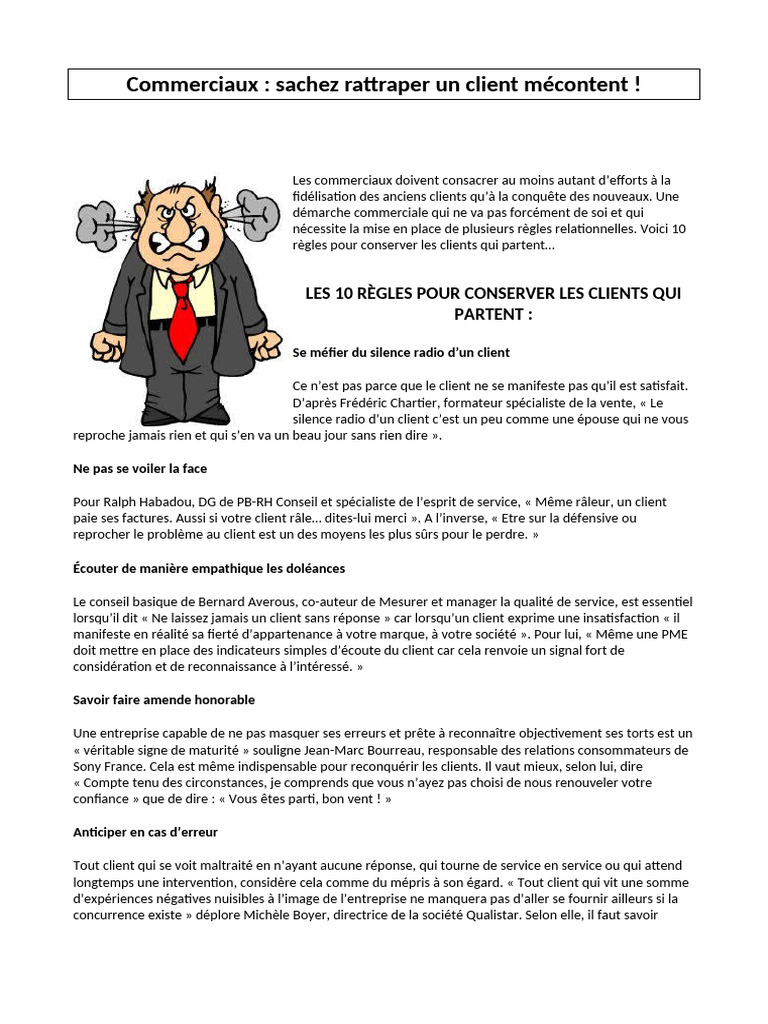 10 Règles pour Récupérer un Client Mécontent | PDF