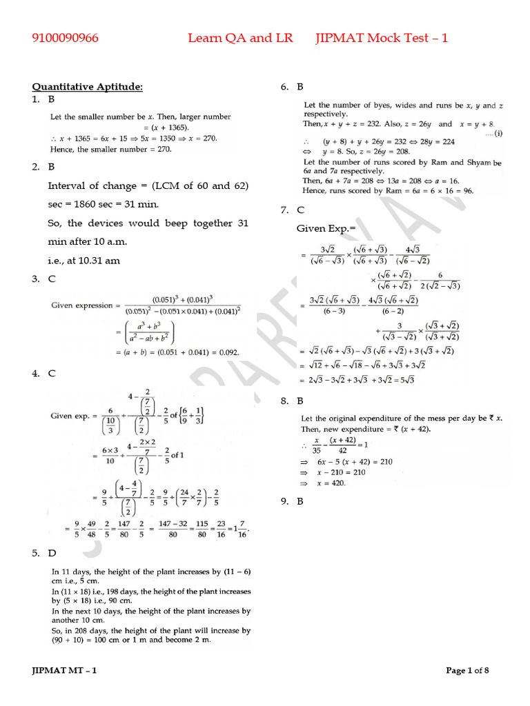 JIPMAT Mock Test 1: QA, LR, and VA | PDF | Linguistics
