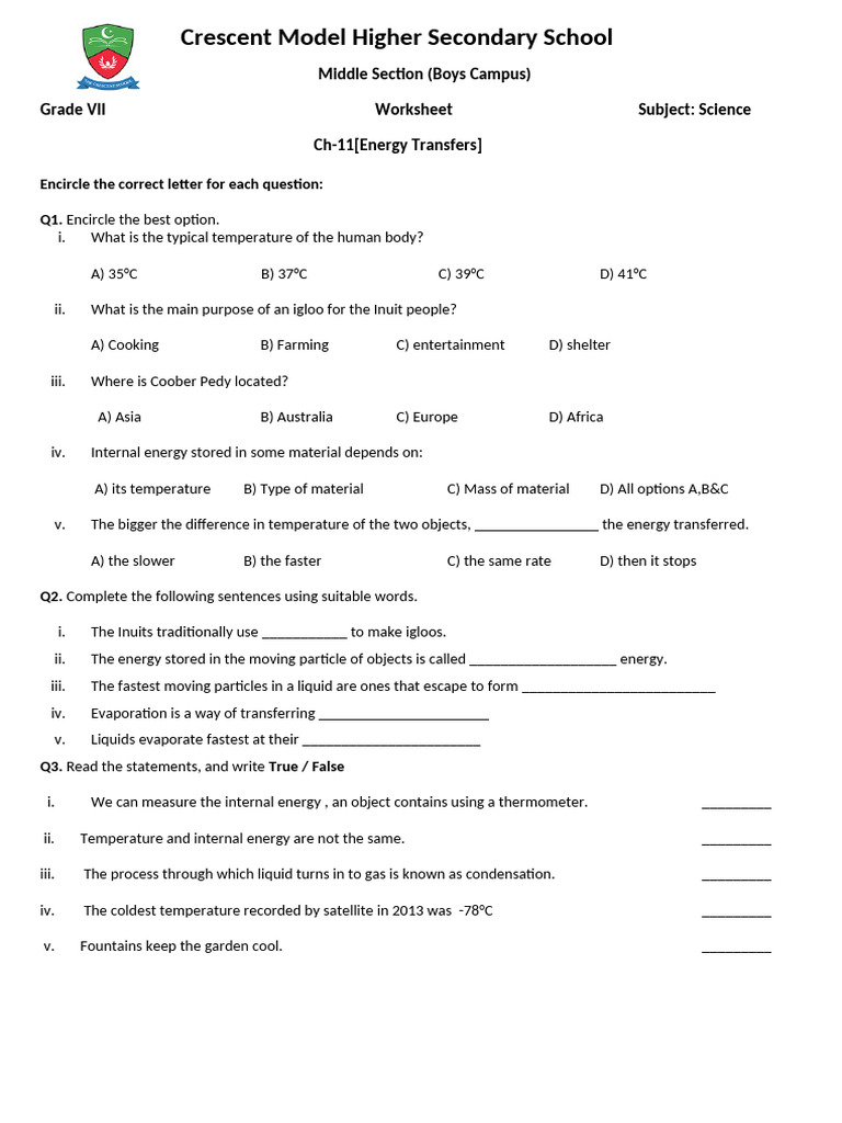 Grade VII Science Worksheet on Energy Transfers | PDF | Evaporation ...