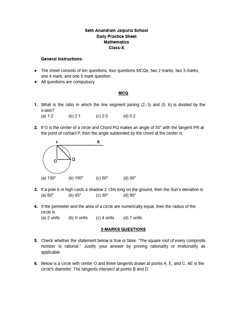 Class X Mathematics Daily Practice Sheet | PDF | Circle | Elementary ...