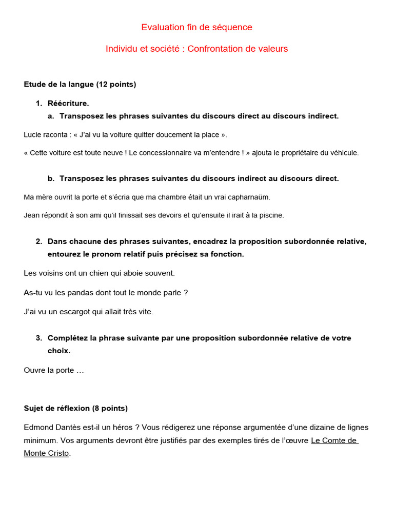 Évaluation fin de séquence 4e : Le Cid | PDF