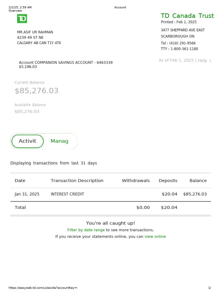 TD Canada Trust Account Overview | PDF