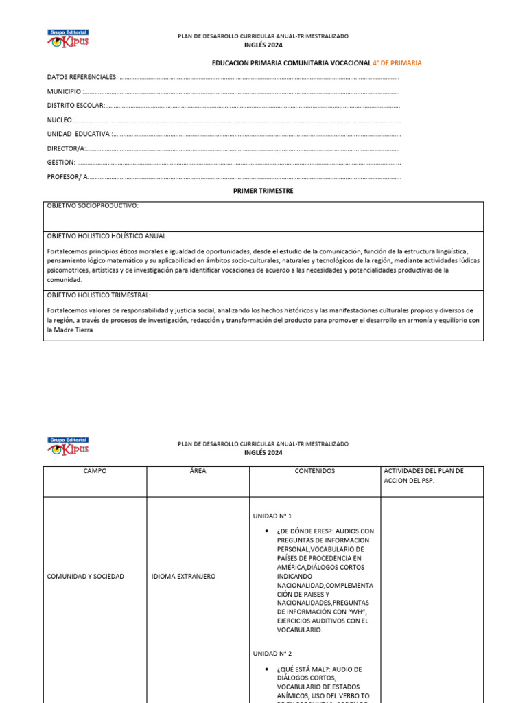 Plan Curricular Inglés Primaria 2024 | PDF