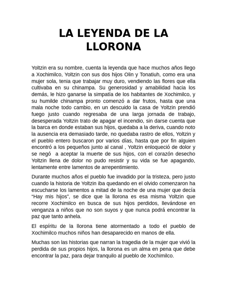 La Leyenda de Yoltzin y La Llorona | PDF