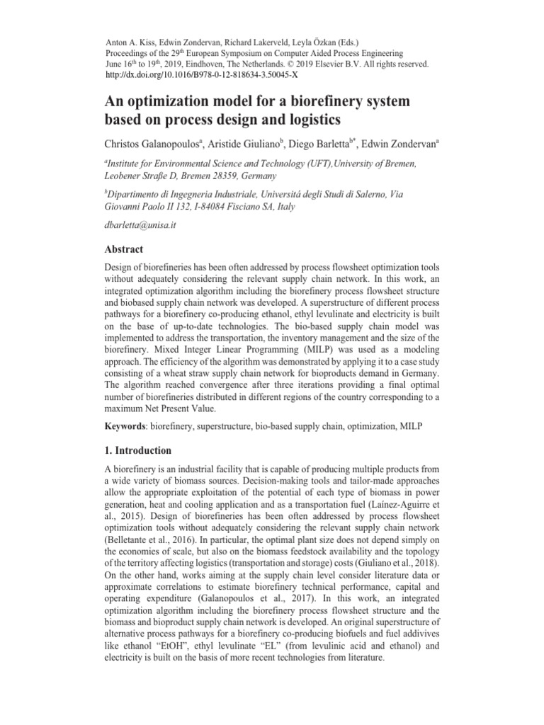An Optimization Model For A Biorefinery System Based On Process Design ...