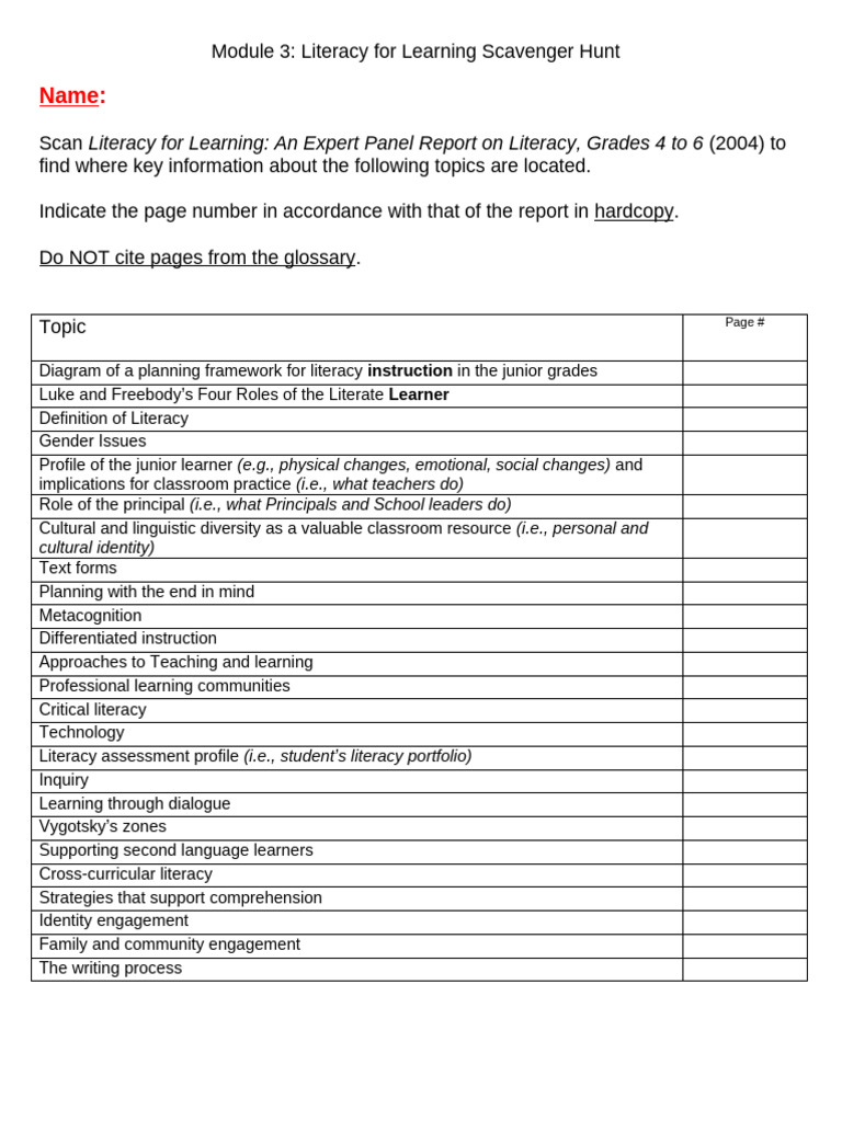 Literacy for Learning Scavenger Hunt Guide | PDF