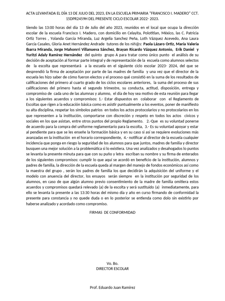 Acta de elección de escolta escolar 2023 | PDF