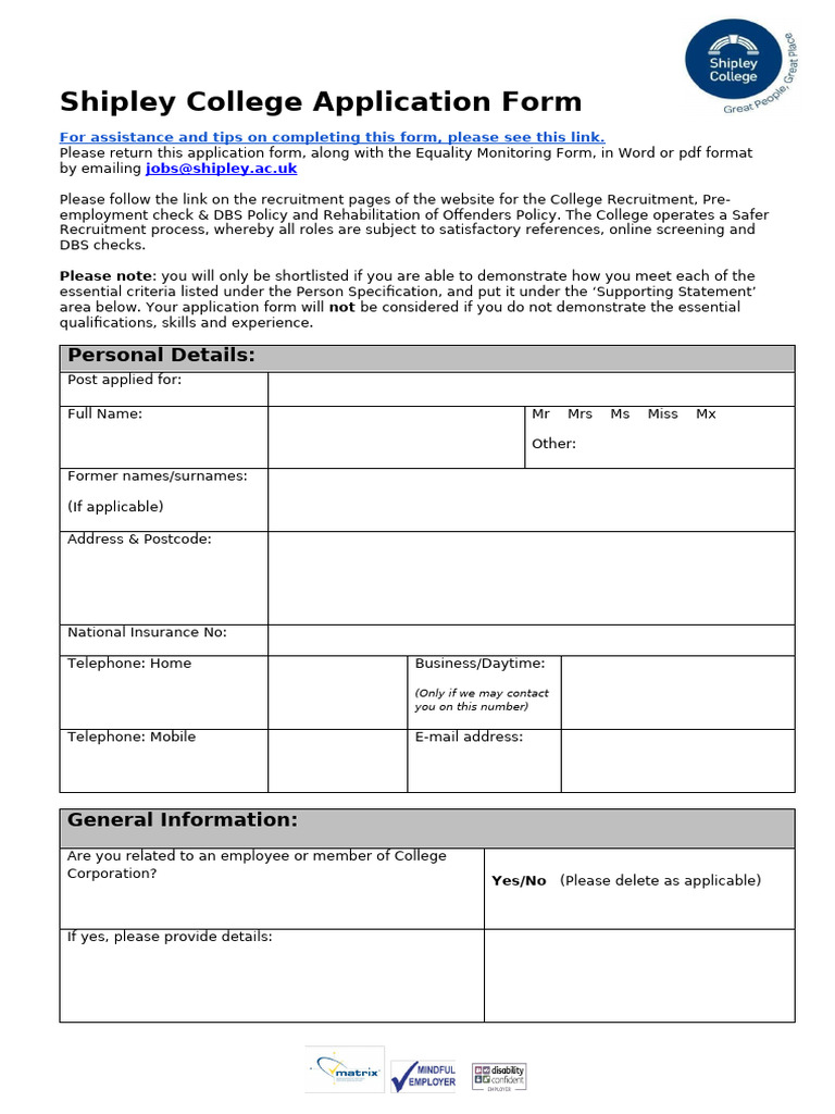 Shipley College Job Application Form | PDF | Recruitment | Employment