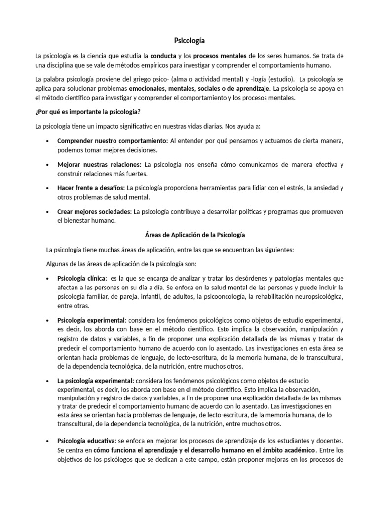 Importancia y áreas de la psicología | PDF | Sicología | Mente