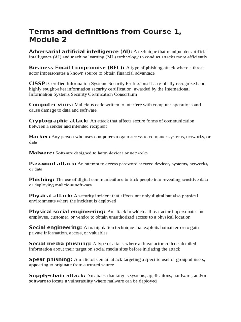 Cybersecurity Terms and Definitions Guide | PDF