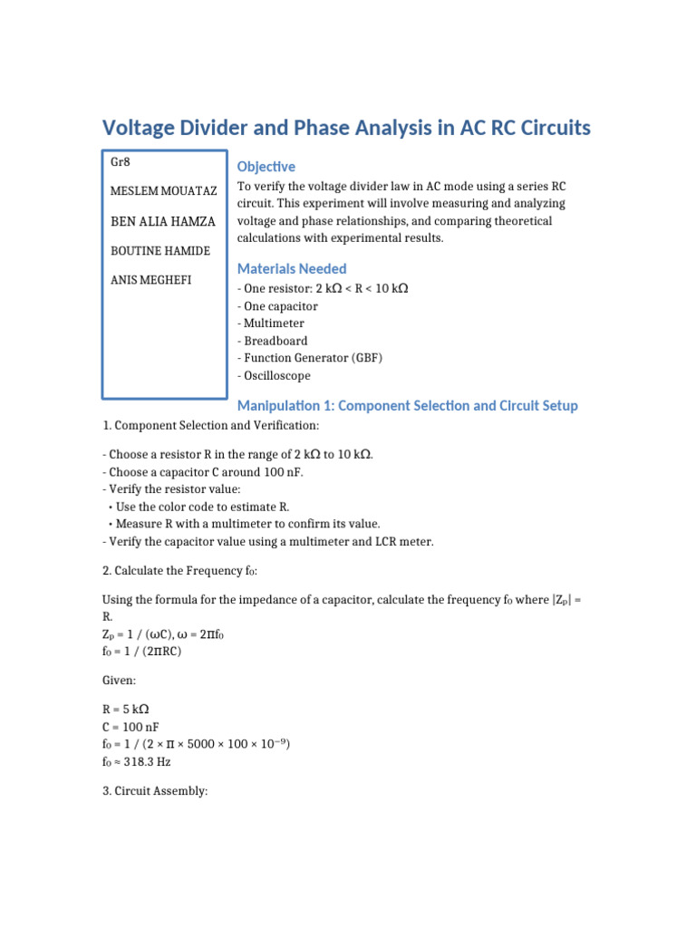Voltage Divider and Phase Analysis | PDF | Voltage | Electronic Engineering