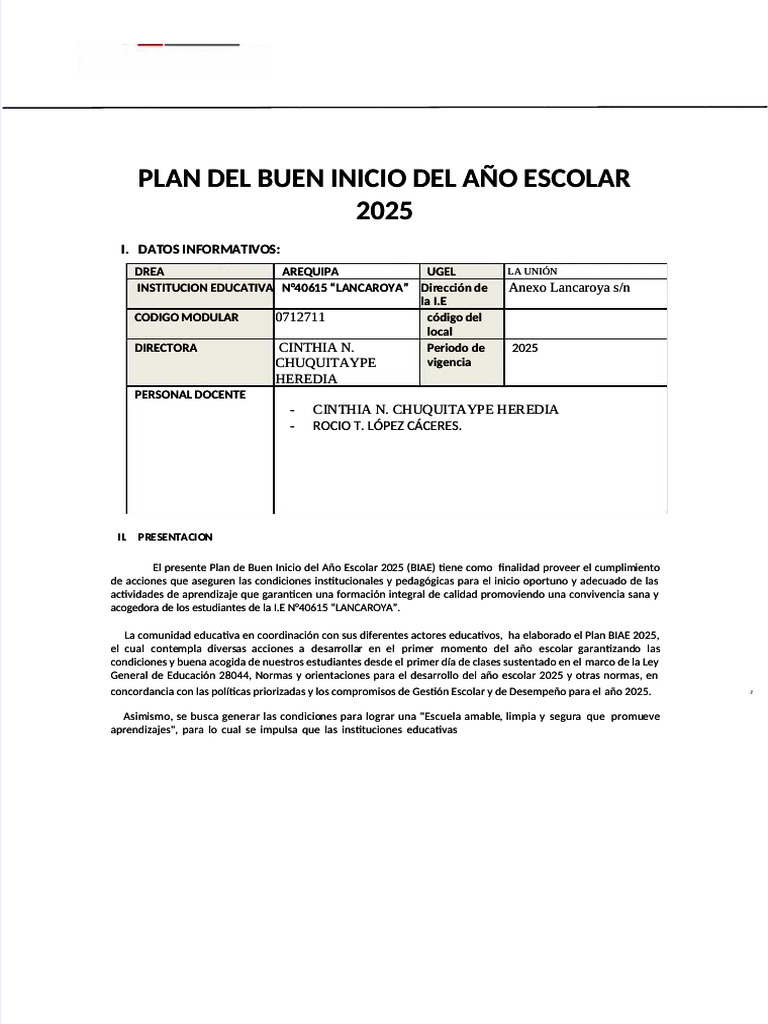 Plan de Buen Inicio Escolar 2025 | PDF | Enseñando | Educación primaria