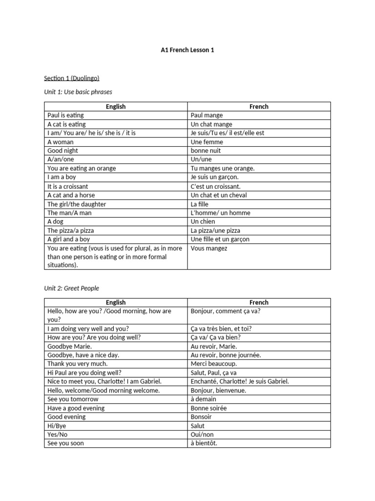 Leçon de français A1 : Introduction | PDF