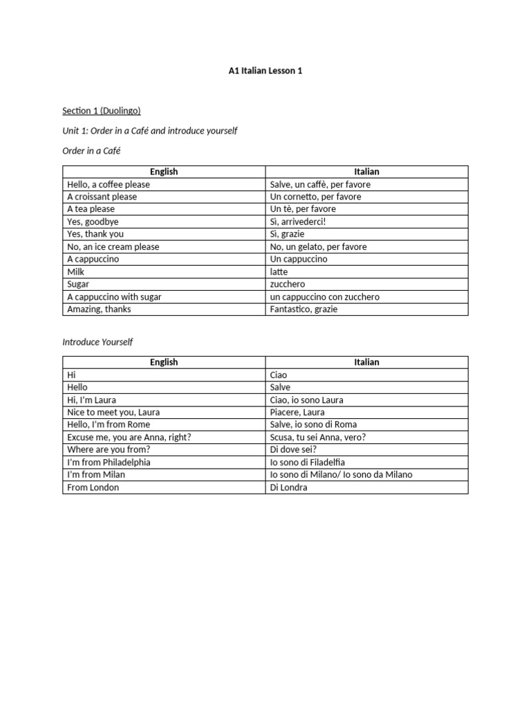 Italian Lesson 1 | PDF