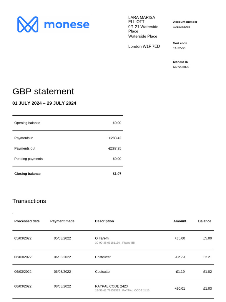 Monese Bank Statement Overview | PDF | Pay Pal | Financial Services