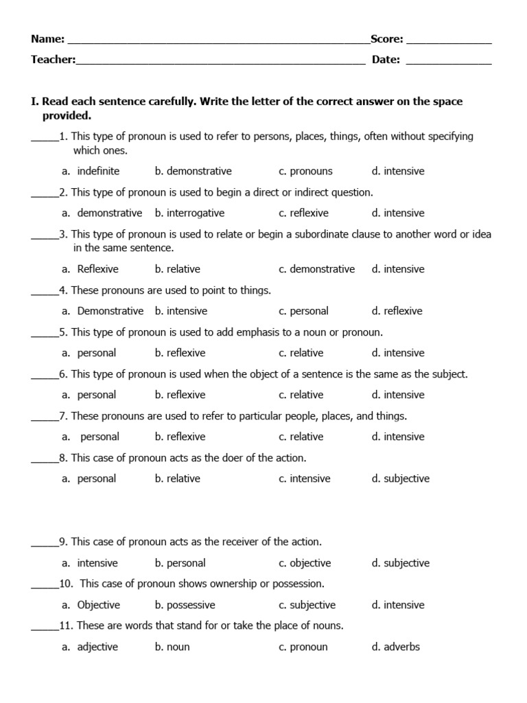 Grade 6 Exam Pdf Pronoun Noun