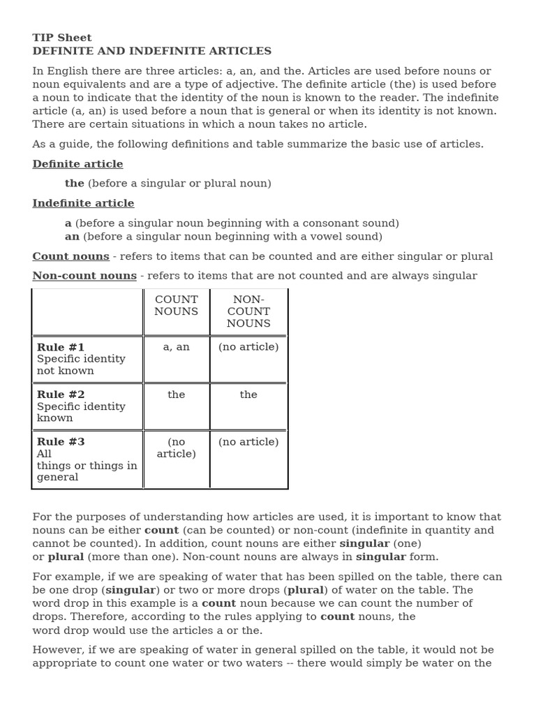 TIP Sheet Articles | PDF | Grammatical Number | Noun