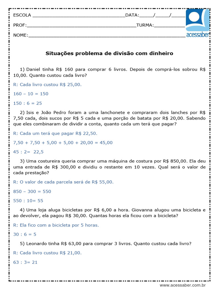 Problemas de Divisão com Dinheiro | PDF