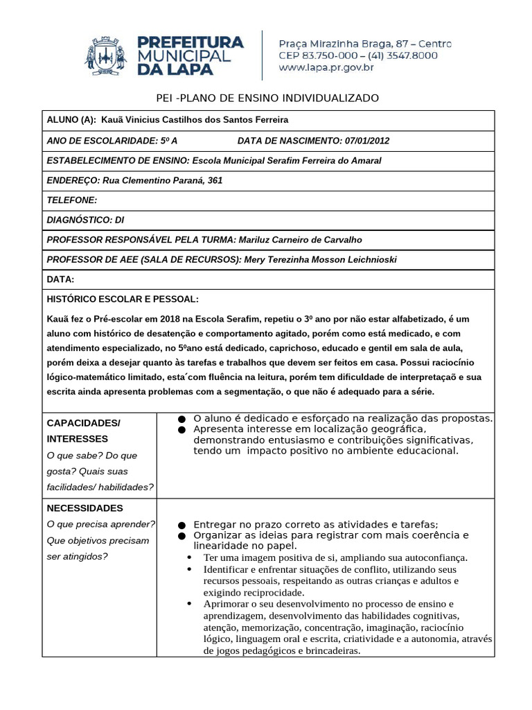 Plano de Ensino Individualizado - Kauã 5º A | PDF | Aprendizado | Pedagogia