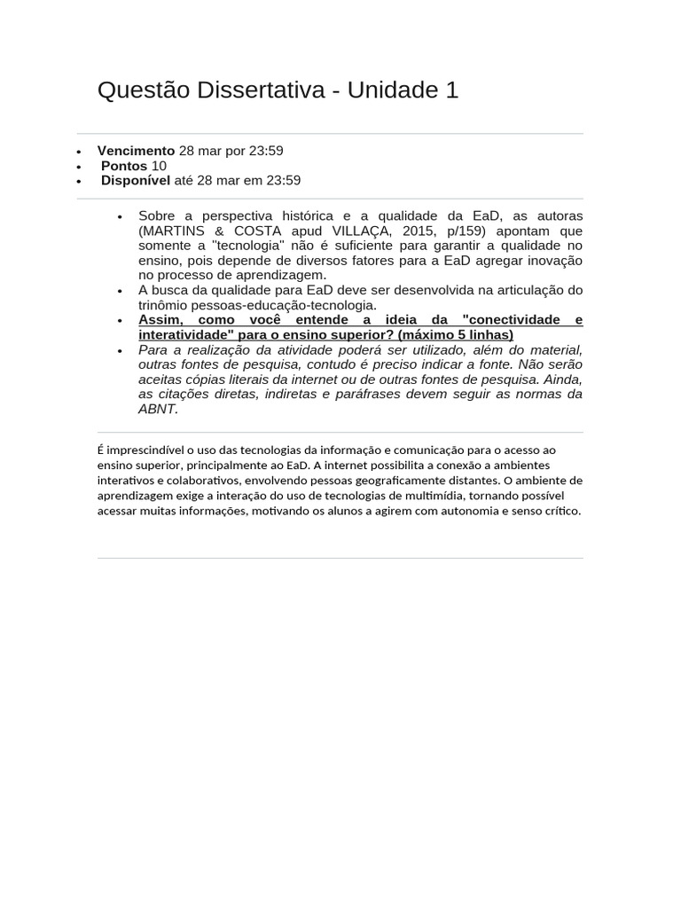 1. 1. Questão Dissertativa UNID 1 | PDF