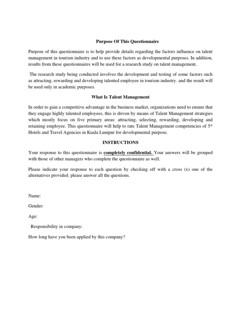 Talent Management Questionnaire for Tourism | PDF | Talent Management ...