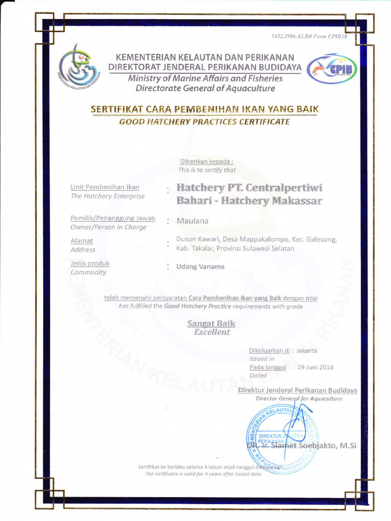 Good Hatchery Practice Certificate | PDF