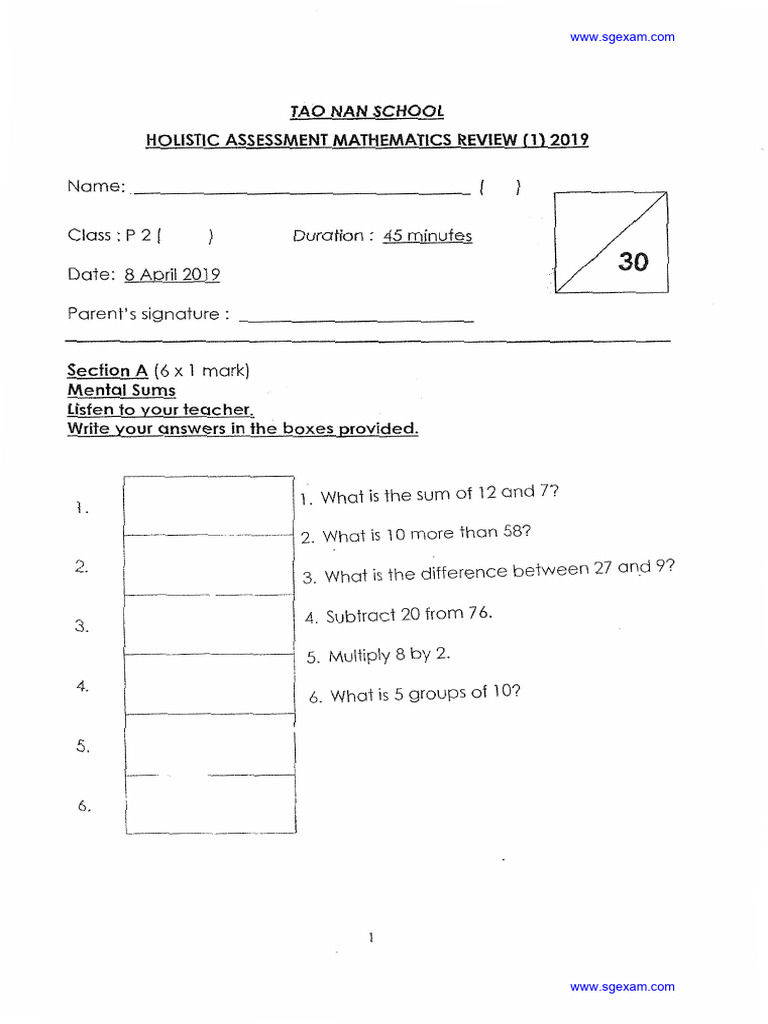 2019 P2 Math Assessment Review 1 Tao Nan | PDF