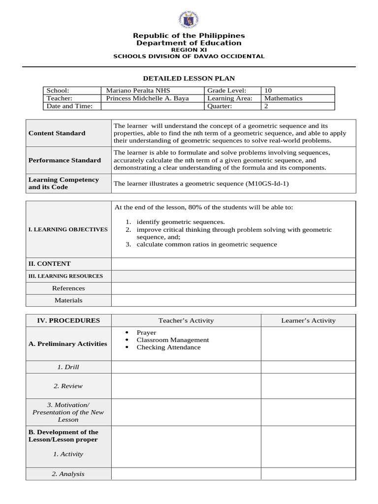 Geometric Sequences Lesson Plan | PDF | Lesson Plan | Learning