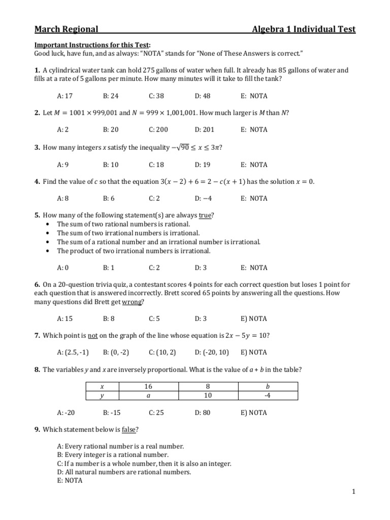 March Algebra 1 Test Questions | PDF | Numbers | Elementary Mathematics