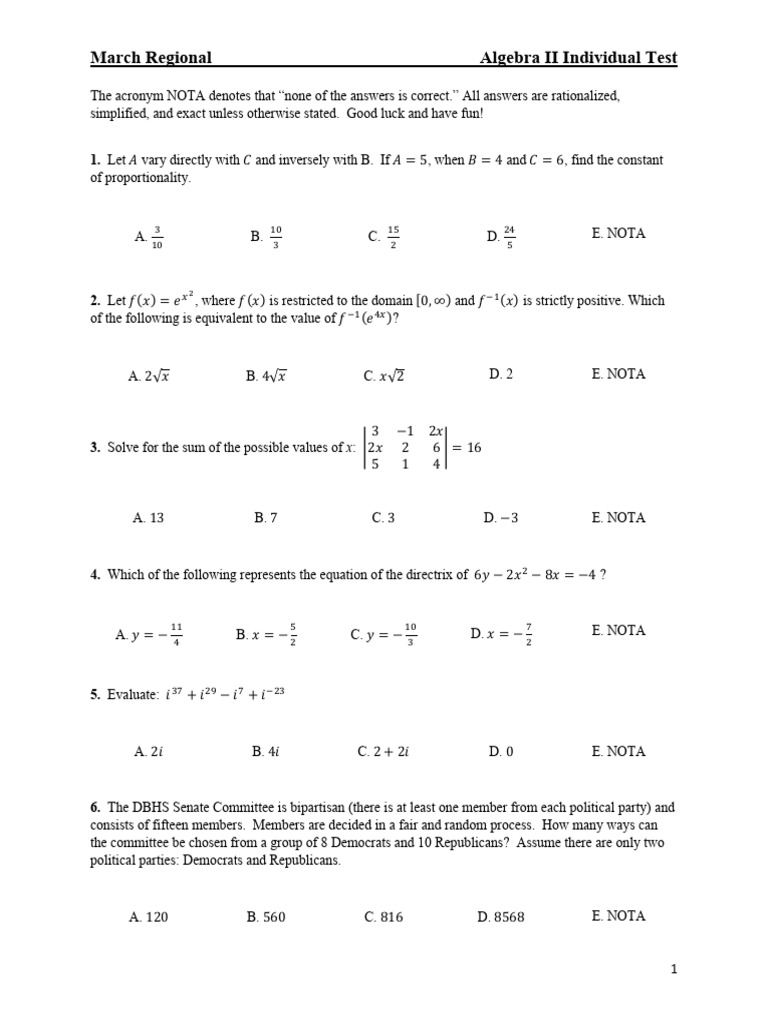 Alg 2 Mar 2024 Reg Indiv Test | PDF | Algebra | Mathematical Concepts