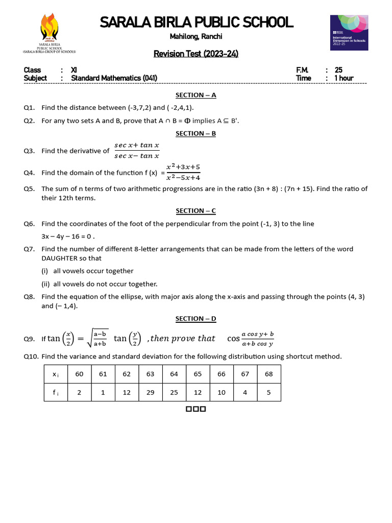 Class XI Standard Mathematics Test | PDF | Mathematics