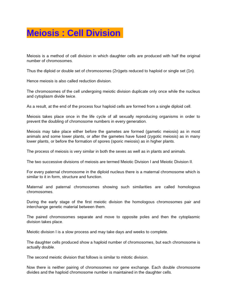 Understanding Meiosis: Cell Division Process | PDF | Meiosis | Mitosis