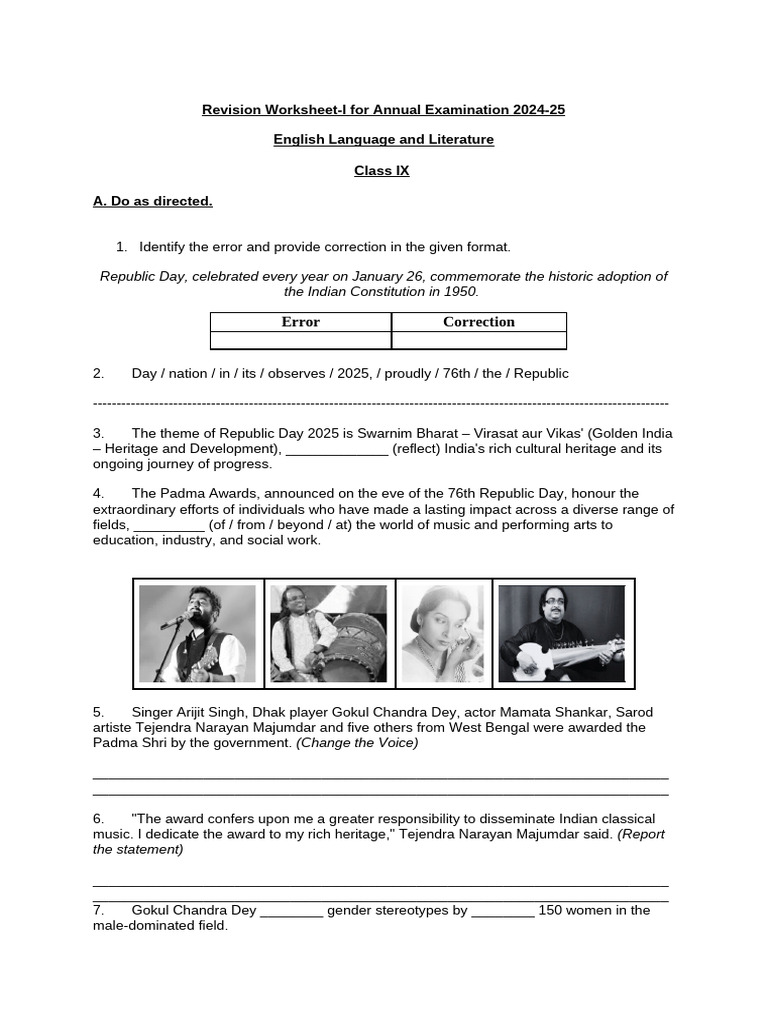 9 English Revision Worksheet-I ENGLISH IX 29 01 2025 | PDF