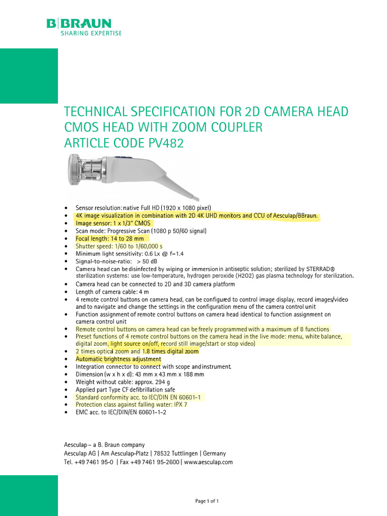 Technical Specification For 2D Camera Head CMOS Head With Zoom Coupler ...