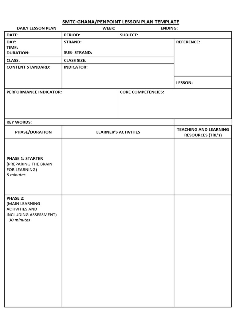 Daily Lesson Plan Template for Ghana | PDF
