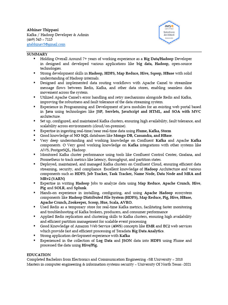 Abhinav kafka hadoop engineer pdf apache hadoop apache spark