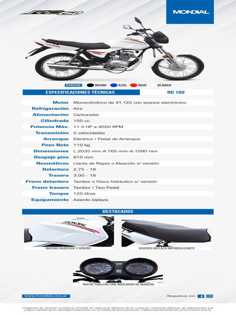 Ficha Técnica Mondial RD 150 | PDF